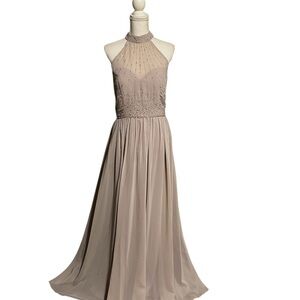 Adrianna Papell Taupe Halter Beaded Maxi wedding Dress NWT
